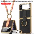 For Galaxy Z Flip 3 2021[5G] Case with Ring Holder & Shoulder Strap, Plating PC Hybrid PU Leather All-Inclusive Camera Lens Protector Crossbody Strap Cover
