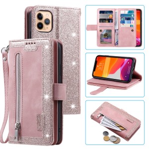 Leather Flip Zipper Purse Wallet Case Cover Built-in 9 Card Slots , For iPhone 13 Mini